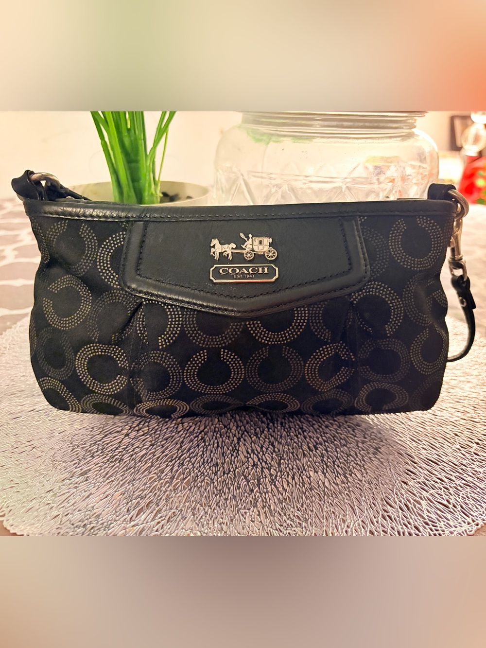 Coach Black Signature C Wristlet with Silver Horse & Carriage Logo